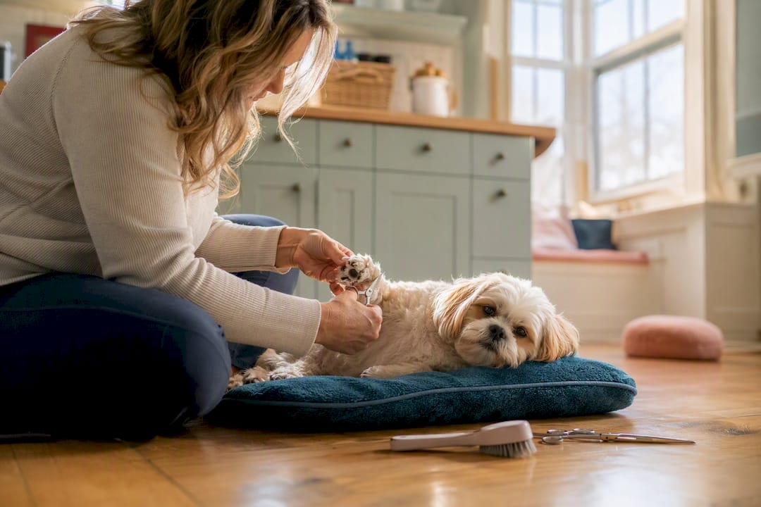 Dog getting a gentle paw trim at home