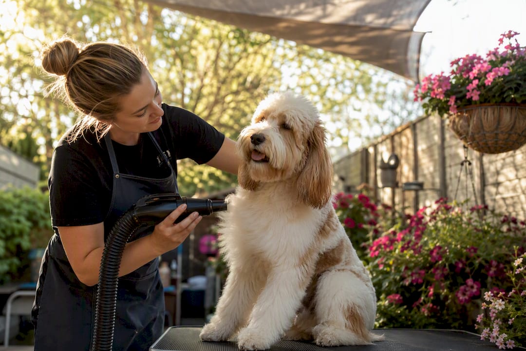 Groomer blow-drying dog coat