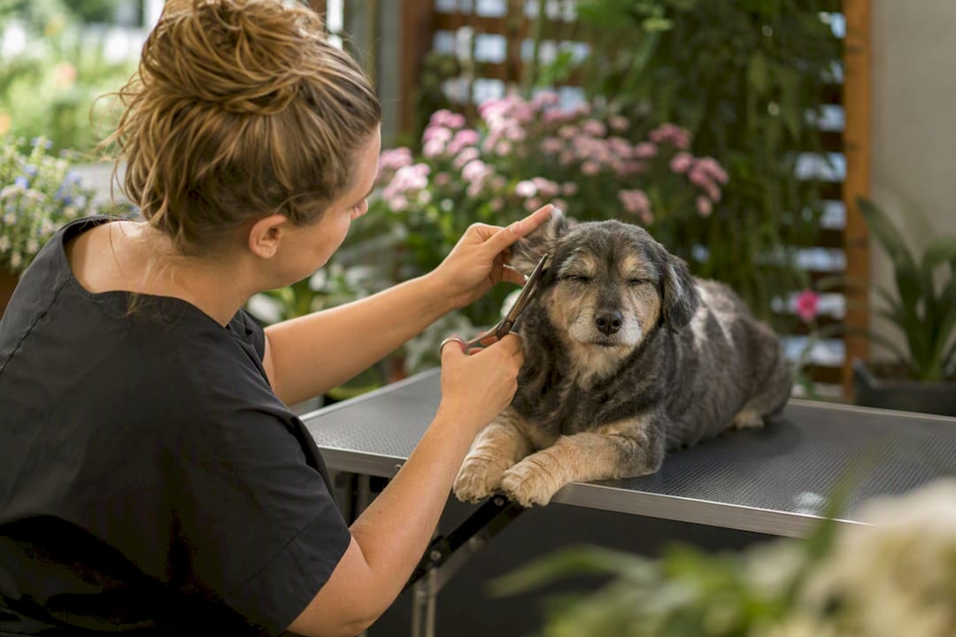 Gentle grooming of senior dog legs