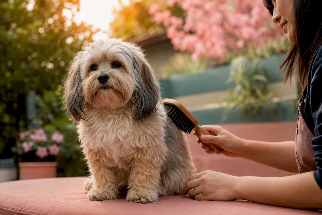 Dog being brushed before Asian fusion grooming