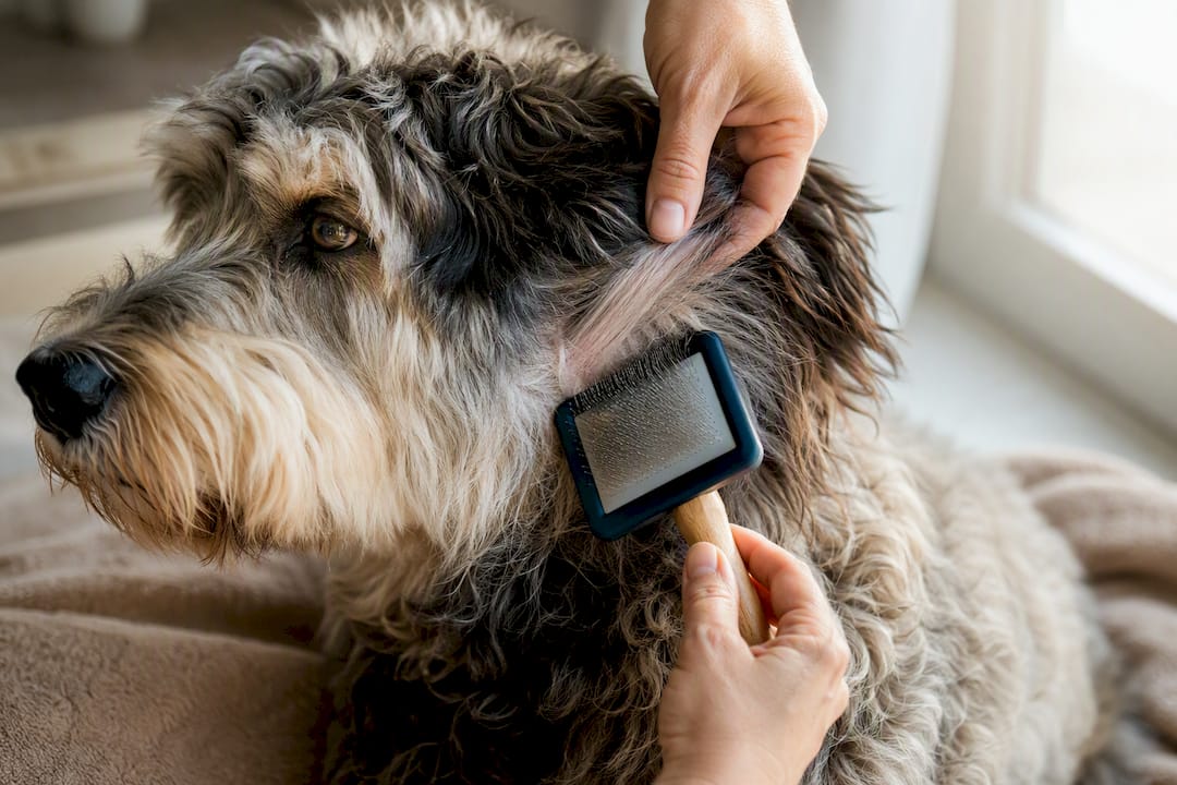 Slicker brush parting Aussiedoodle coat