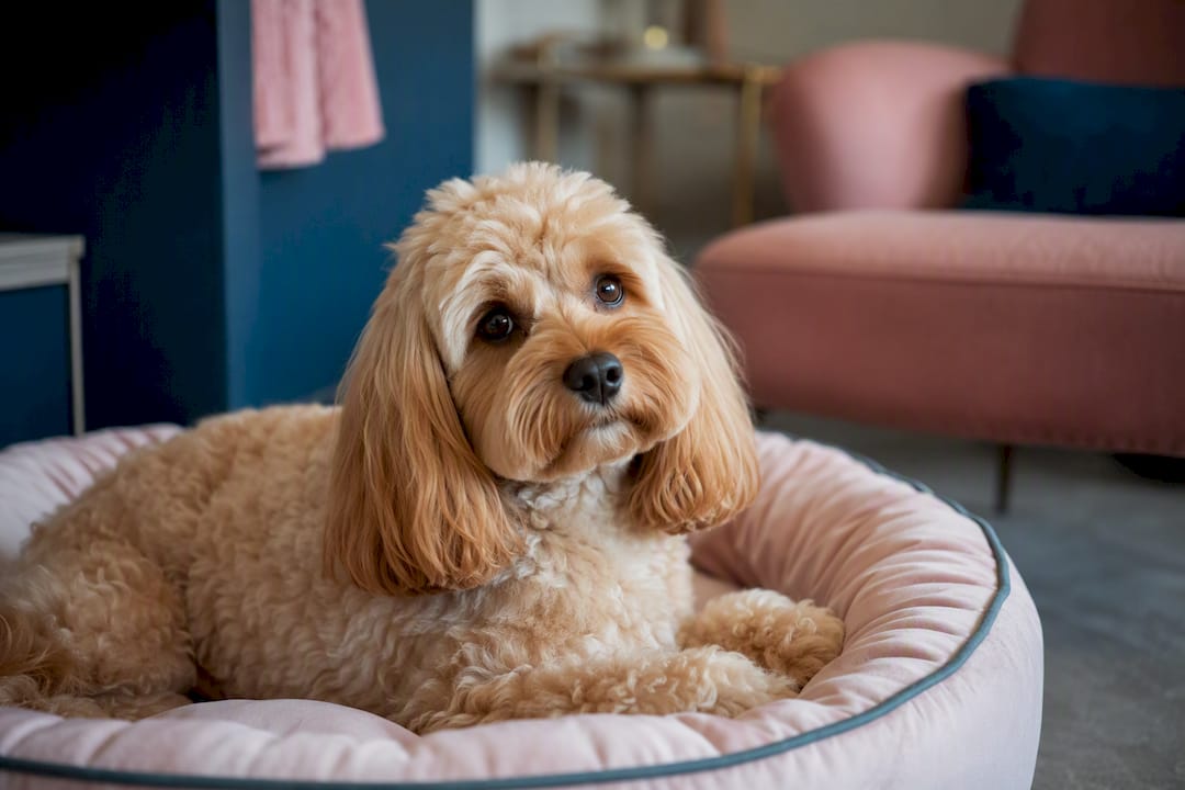 Cavapoo with a Teddy Bear cut lying on cushion