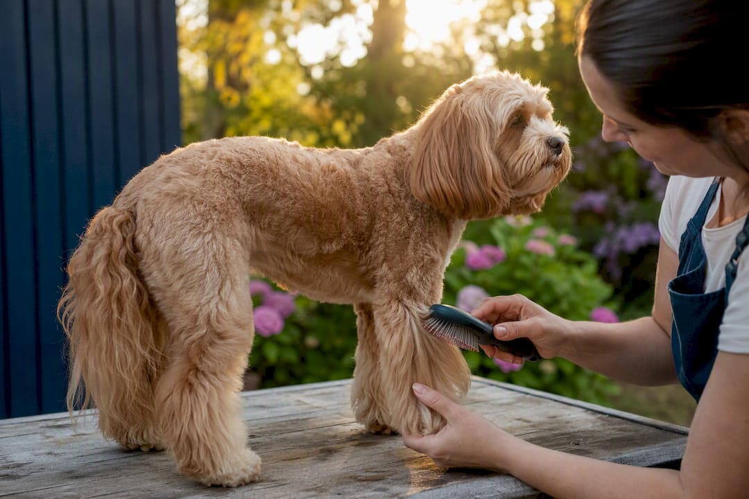 Groomer brushing Cavapoo’s Lamb cut feathered legs