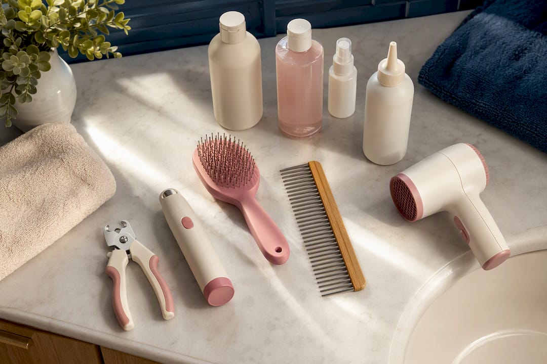 At-home dog grooming tools arranged neatly