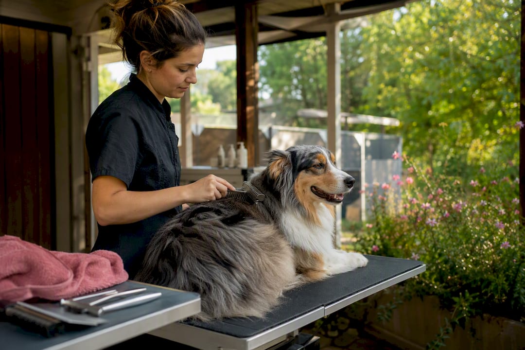 Groomer gently deshedding dog in boutique spa