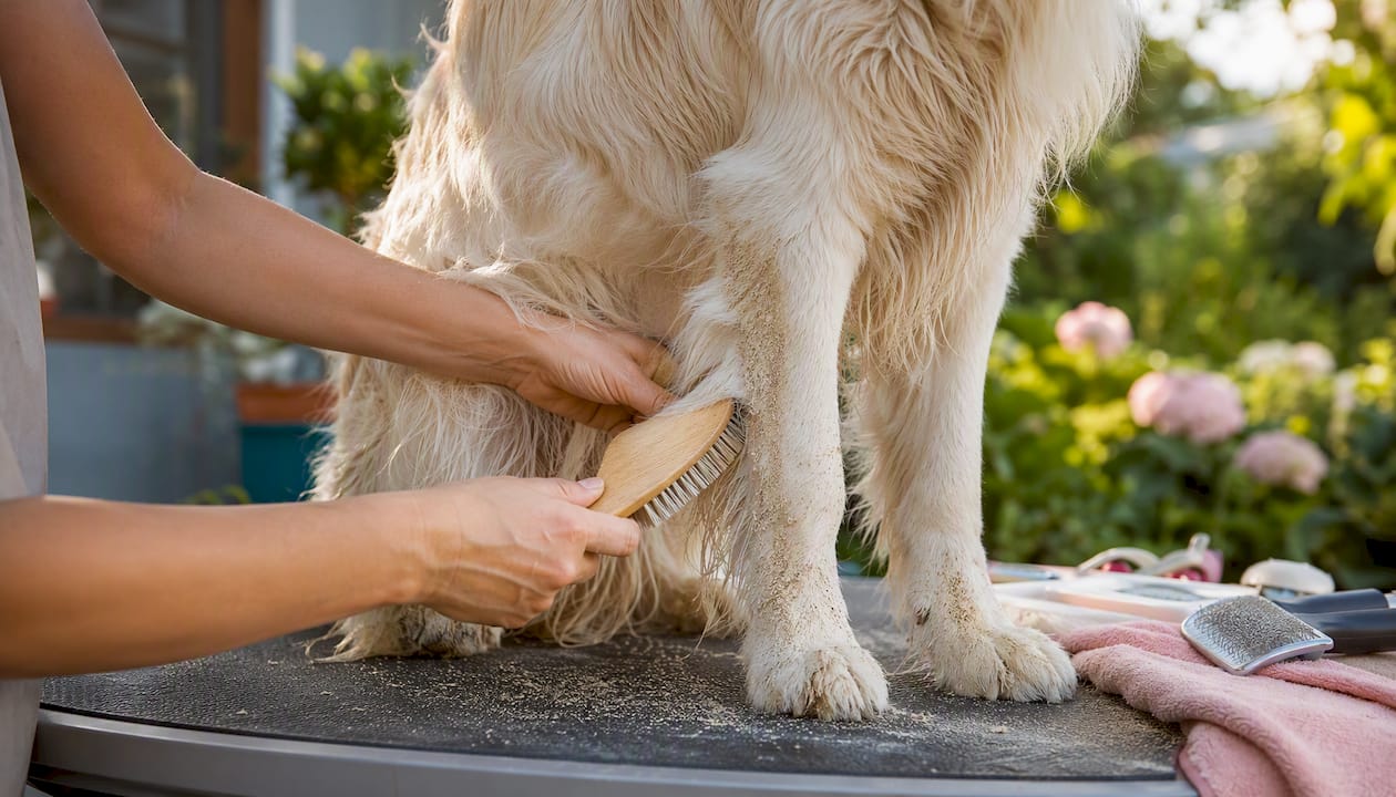Dry brushing sandy dog before bath