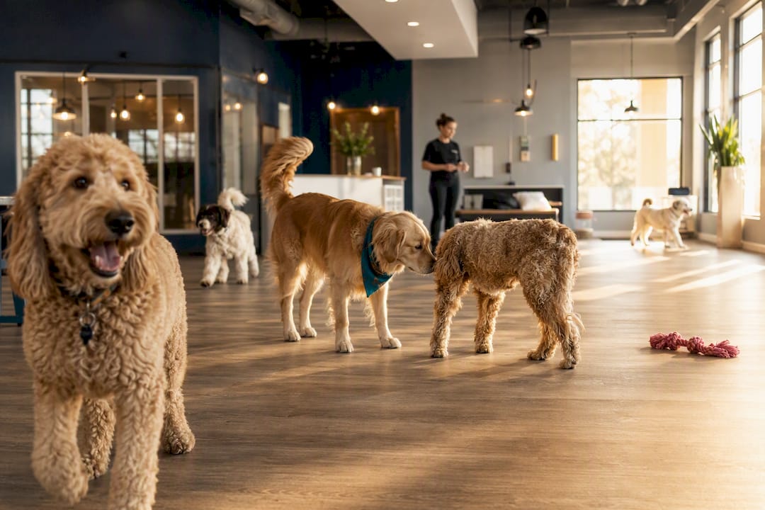 Dogs playing in supervised cage-free daycare
