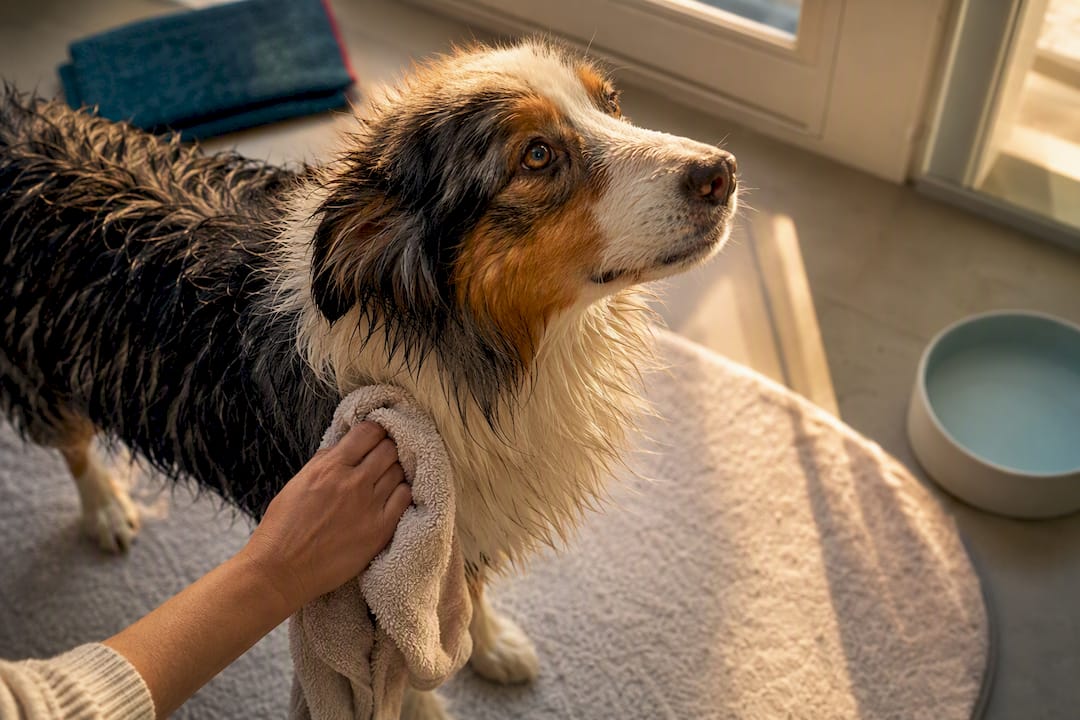 Damp dog coat drying after bath