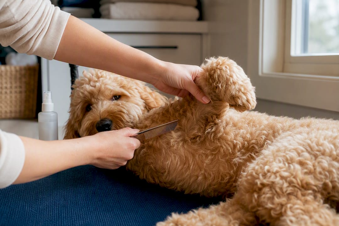 Gently combing a small Goldendoodle armpit mat