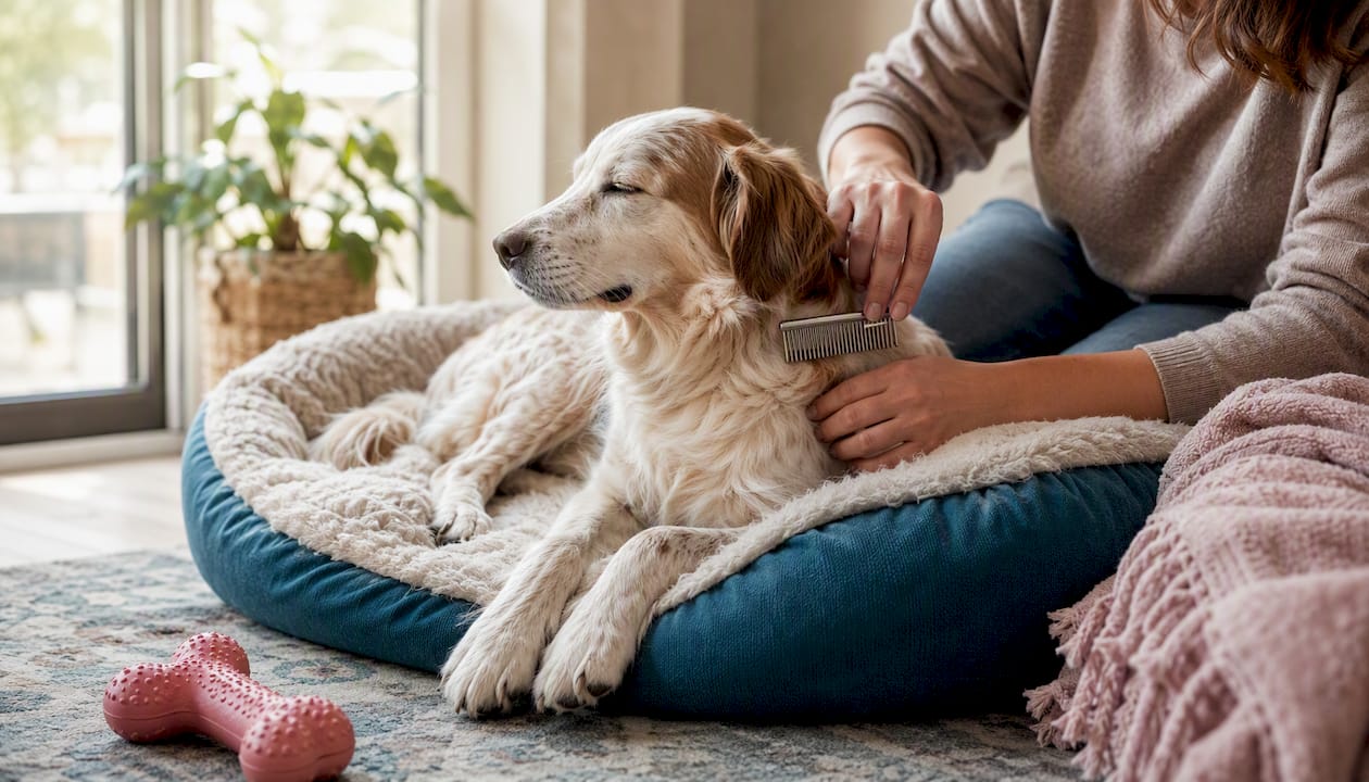 Relaxed dog being gently brushed at home