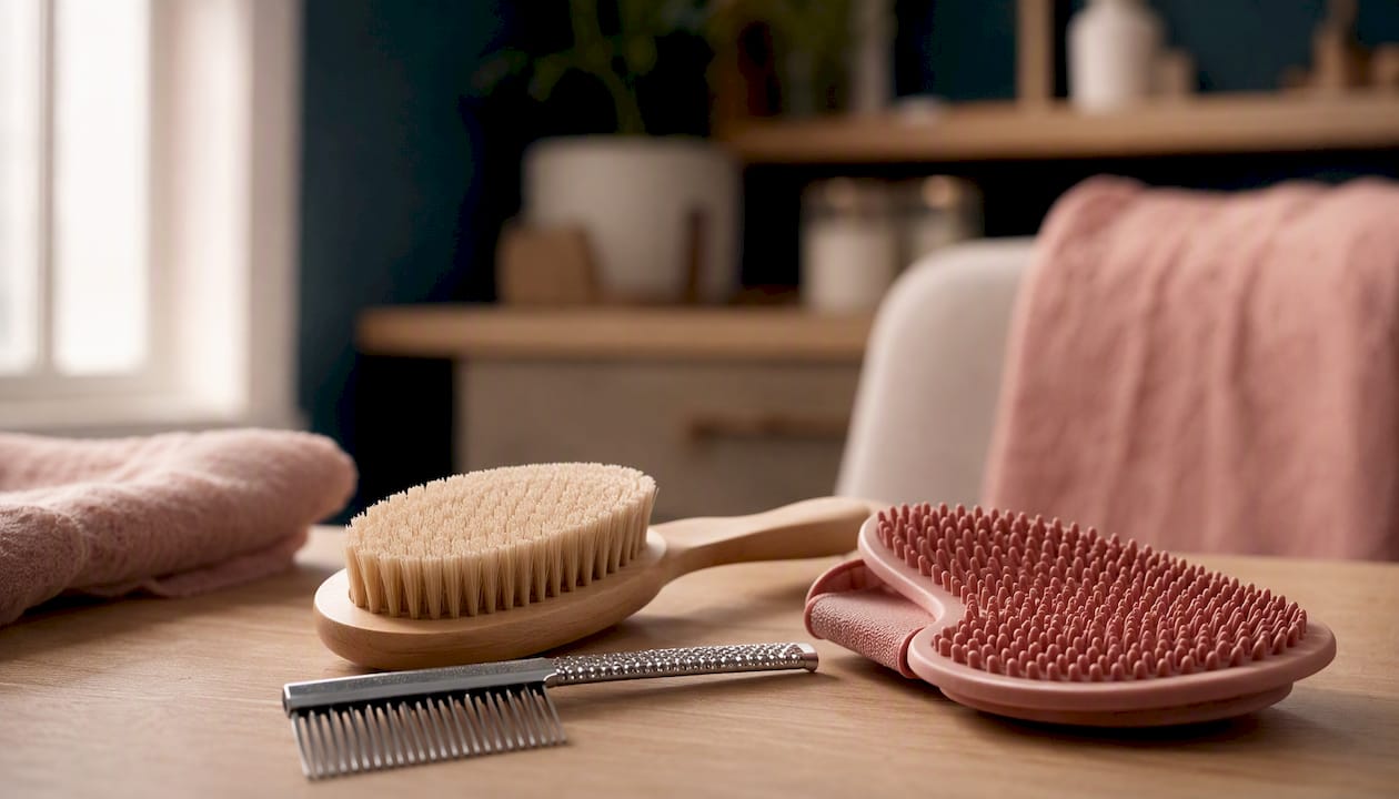 Hypoallergenic grooming tools on grooming table