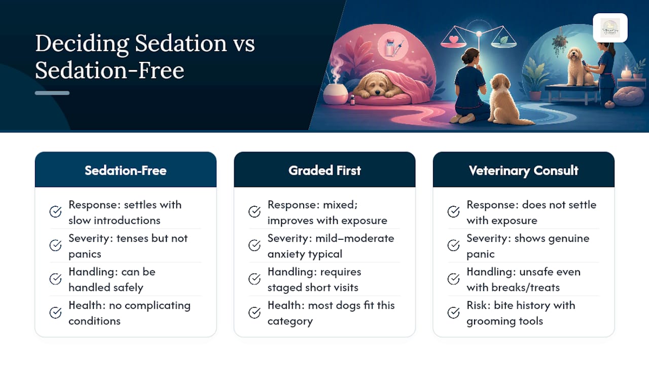 Diagram comparing sedation and sedation-free grooming decision factors