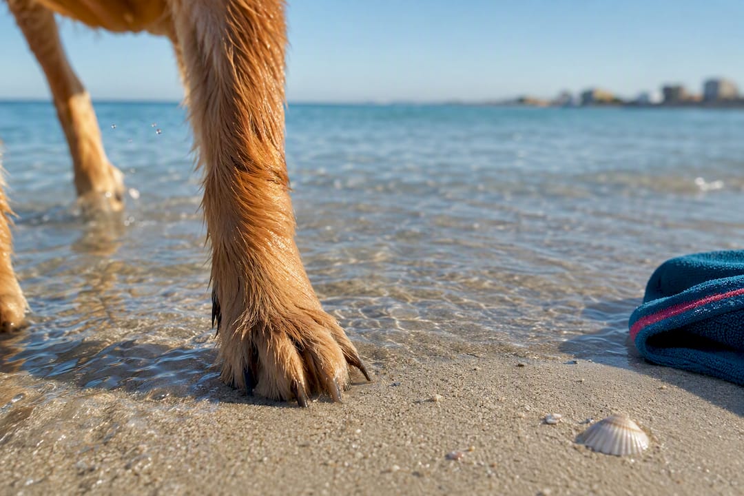 Dog paw stepping from salt water onto sand