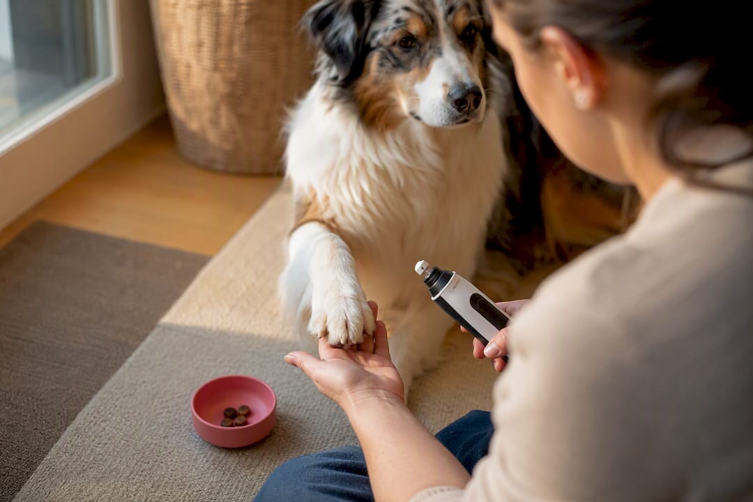 Dog calmly meeting a nail grinder