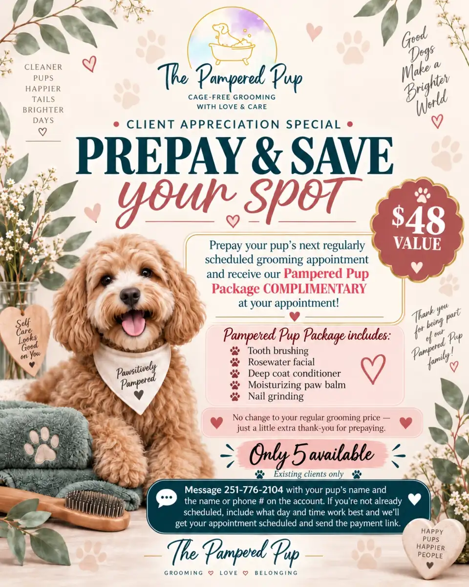 The Pampered Pup Prepay and Save Your Spot client appreciation special: prepay a regularly scheduled grooming appointment and receive the Pampered Pup Package complimentary; only five available
